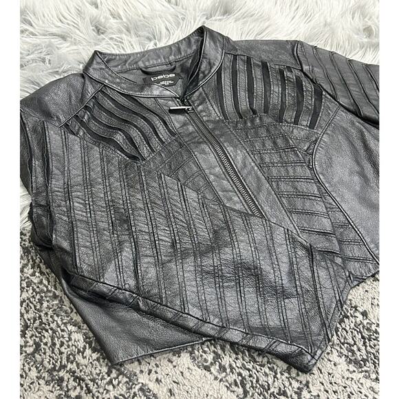 Bebe Black Leather Mesh Crop Jacket Size Medium - Picture 3 of 4